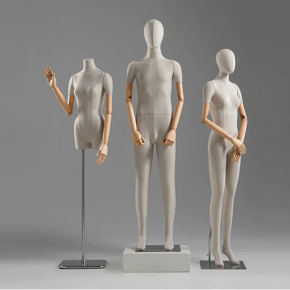 DE-LIANG High End Fasion Female Male Full Body Display Mannequin, Half Body Bamboo linen Dress Form with Black Wooden Arms, With Head and Neck Cover