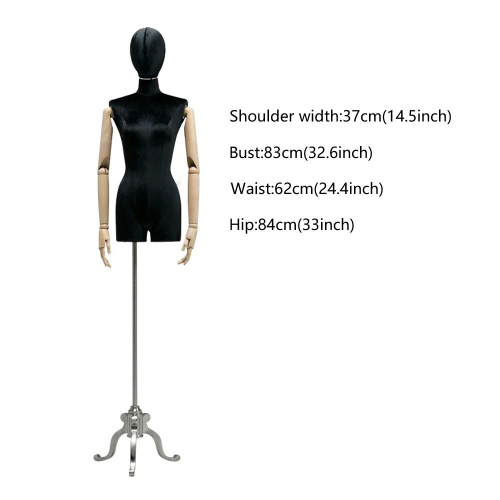 DE-LIANG Female Half Body Mannequin with Head & Wooden Arms,Velvet Fabric Cloth Display Torso,Female Dummy,Silver Square Base for Clothing Store & Window Display DL0170