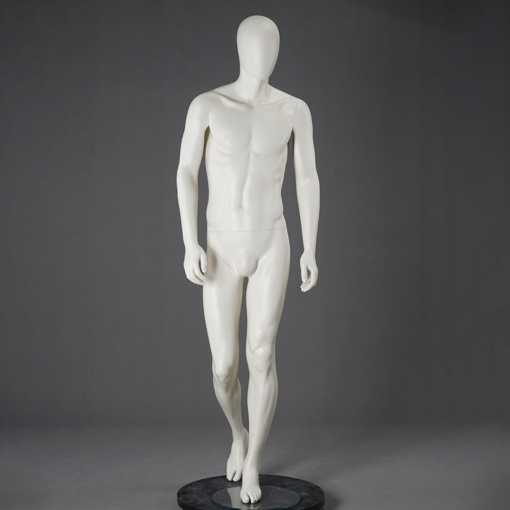 DE-LIANG Male Full Body Mannequins Set | White Fiberglass Dress Form Display with Adjustable Wooden Arms | Standing & Sitting Male Mannequin for Clothing Store Window Display