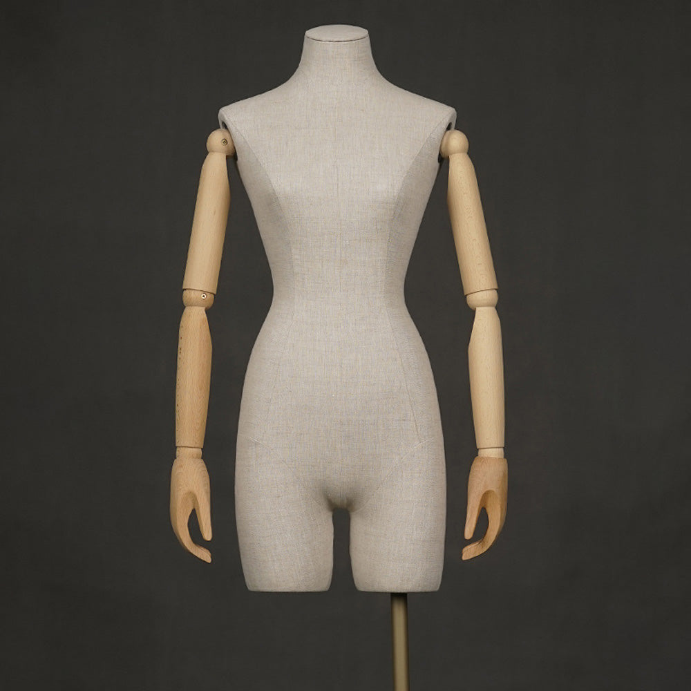 DE-LIANG Female Half Body Mannequin,Linen Fabric Adult Mannequins Torso with Wood Arms