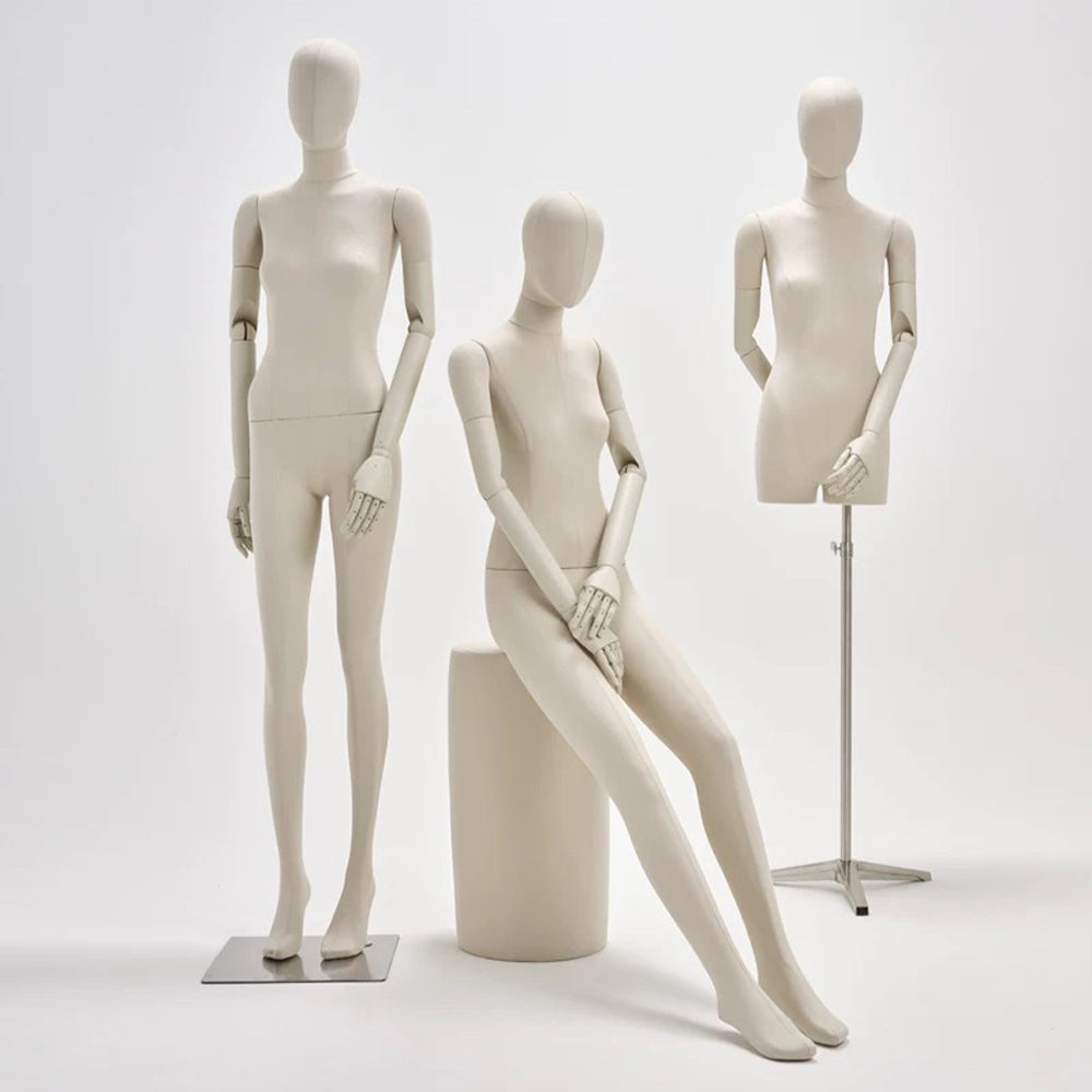 DE-LIANG Female Mannequin – Beige Linen Dress Form with Wooden Arms & Stand, Full/Half Body for Boutique Displays & Fashion Showrooms