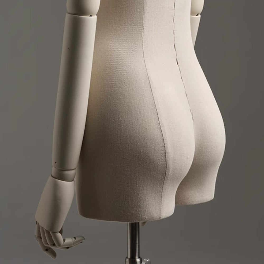 DE-LIANG Female Mannequin – Beige Linen Dress Form with Wooden Arms & Stand, Full/Half Body for Boutique Displays & Fashion Showrooms