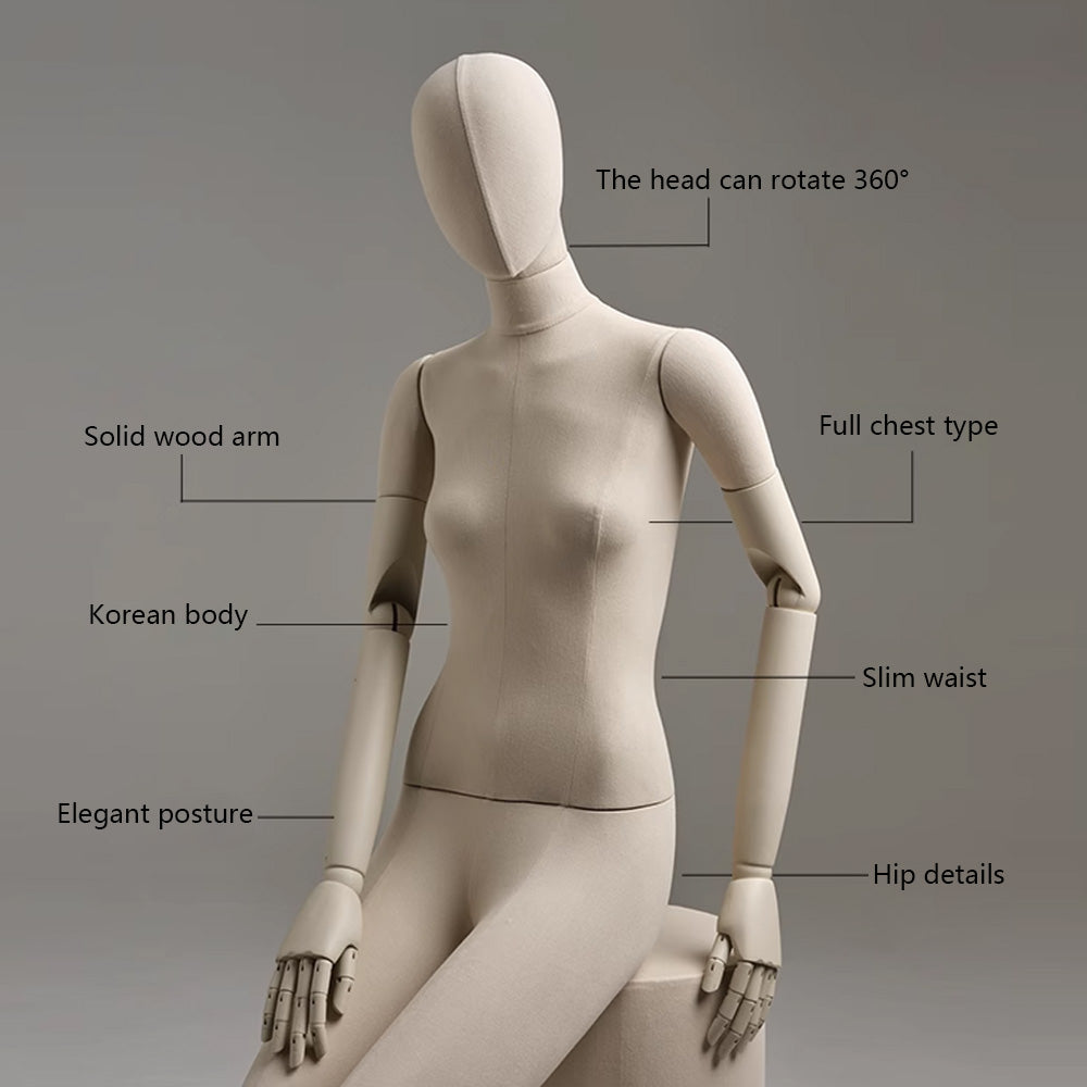 DE-LIANG Female Mannequin – Beige Linen Dress Form with Wooden Arms & Stand, Full/Half Body for Boutique Displays & Fashion Showrooms