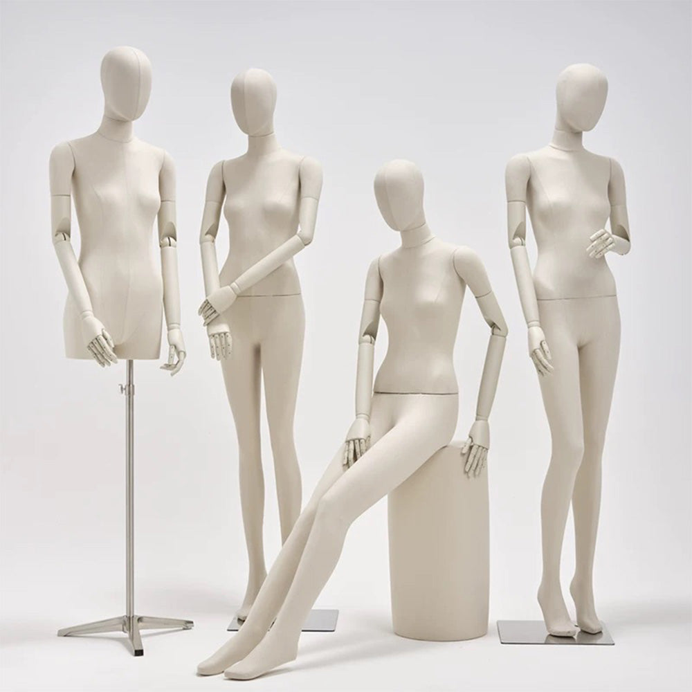 DE-LIANG Female Mannequin – Beige Linen Dress Form with Wooden Arms & Stand, Full/Half Body for Boutique Displays & Fashion Showrooms