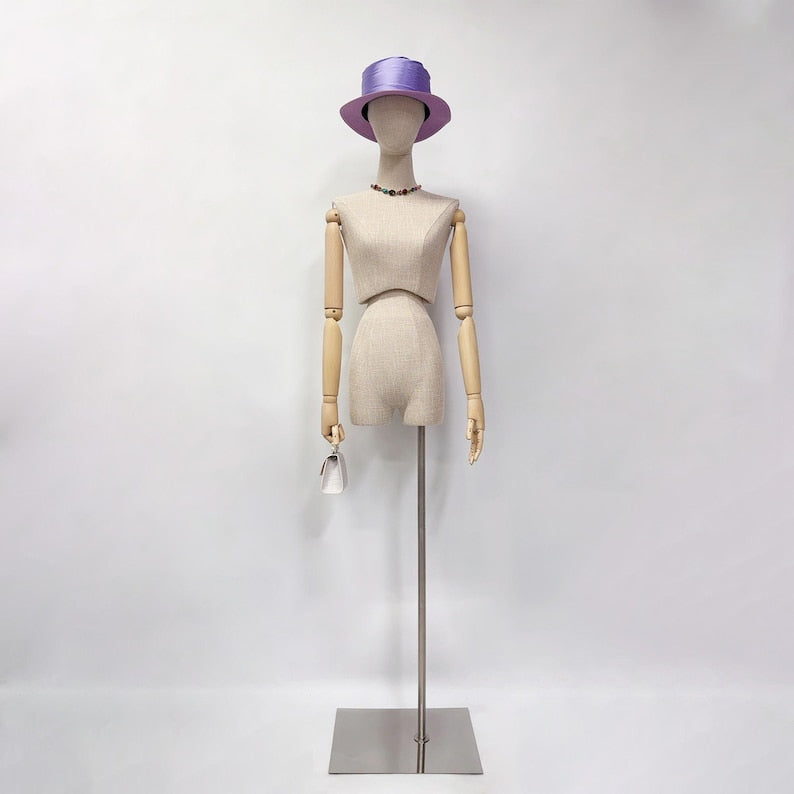 DELIANG Female Mannequin Torso with Thighs – Bamboo Linen Finish & Wooden Arms – Artistic Display Form