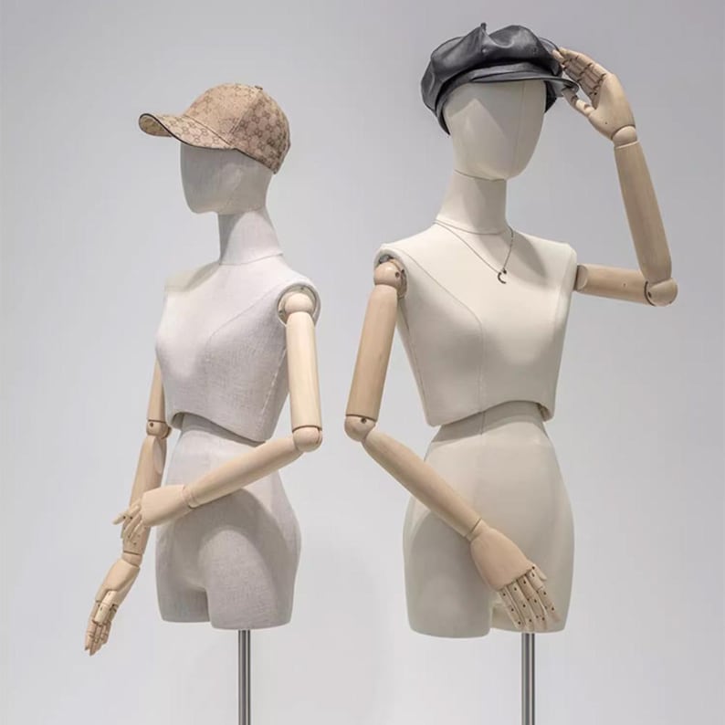 DELIANG Female Mannequin Torso with Thighs – Bamboo Linen Finish & Wooden Arms – Artistic Display Form
