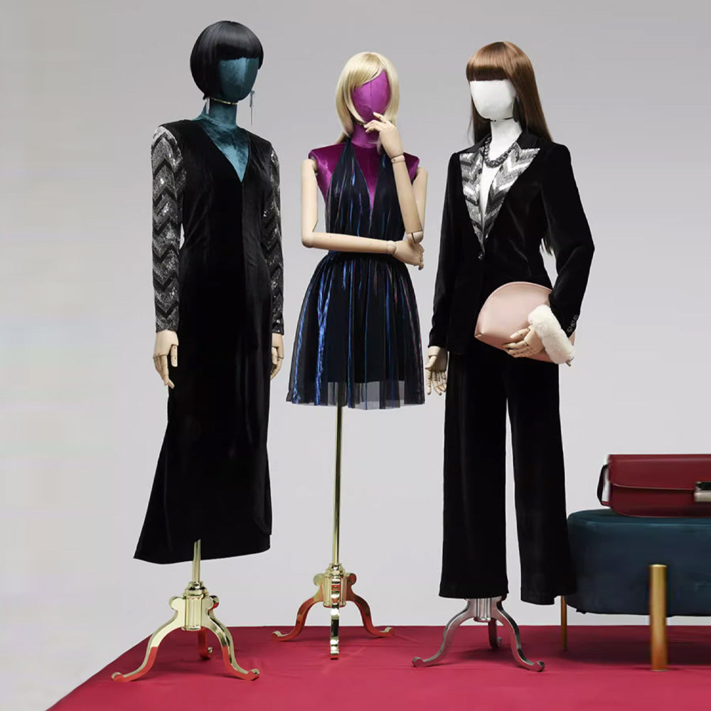 DE-LIANG Female Half Body Mannequin with Head & Wooden Arms,Velvet Fabric Cloth Display Torso,Female Dummy,Silver Square Base for Clothing Store & Window Display DL0170