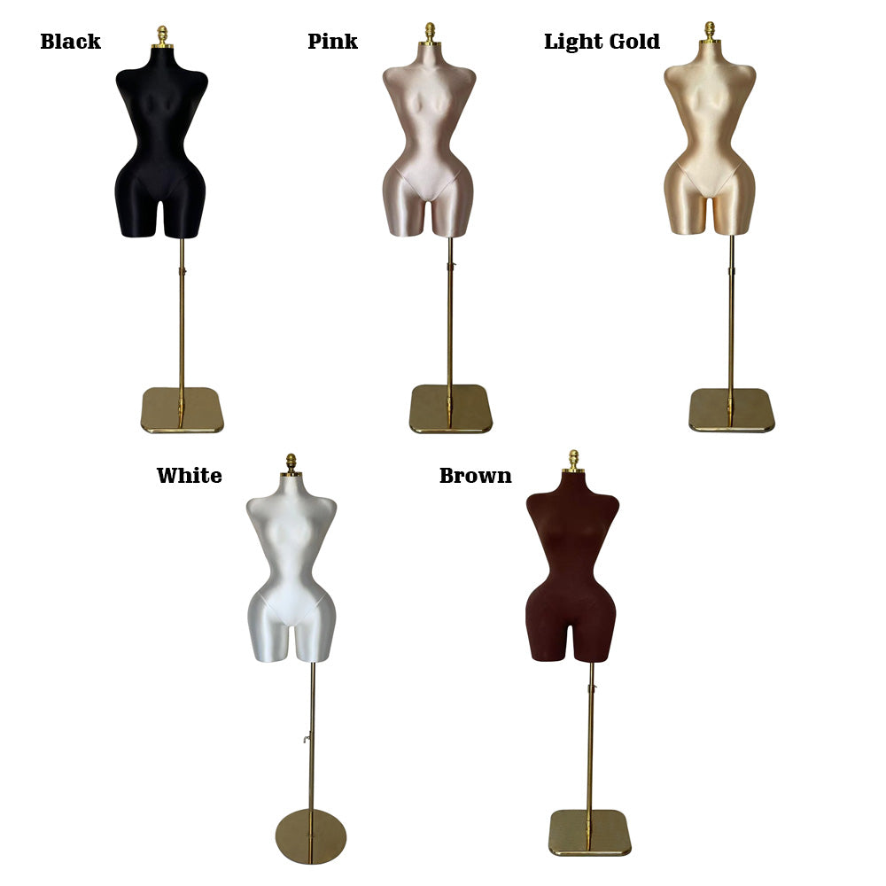 DE-LIANG Satin Female Mannequins in five colors—black, pink, light gold, white, and brown—each with gold stand for versatile retail use.