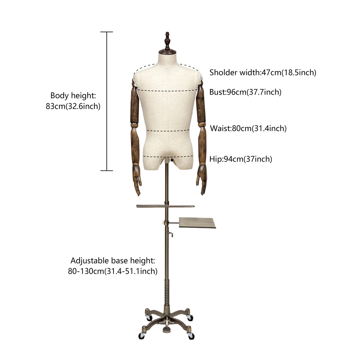 Male Half Body Mannequin, Men Suit Display Model with Wooden Arms and Cross Four-Wheel Base