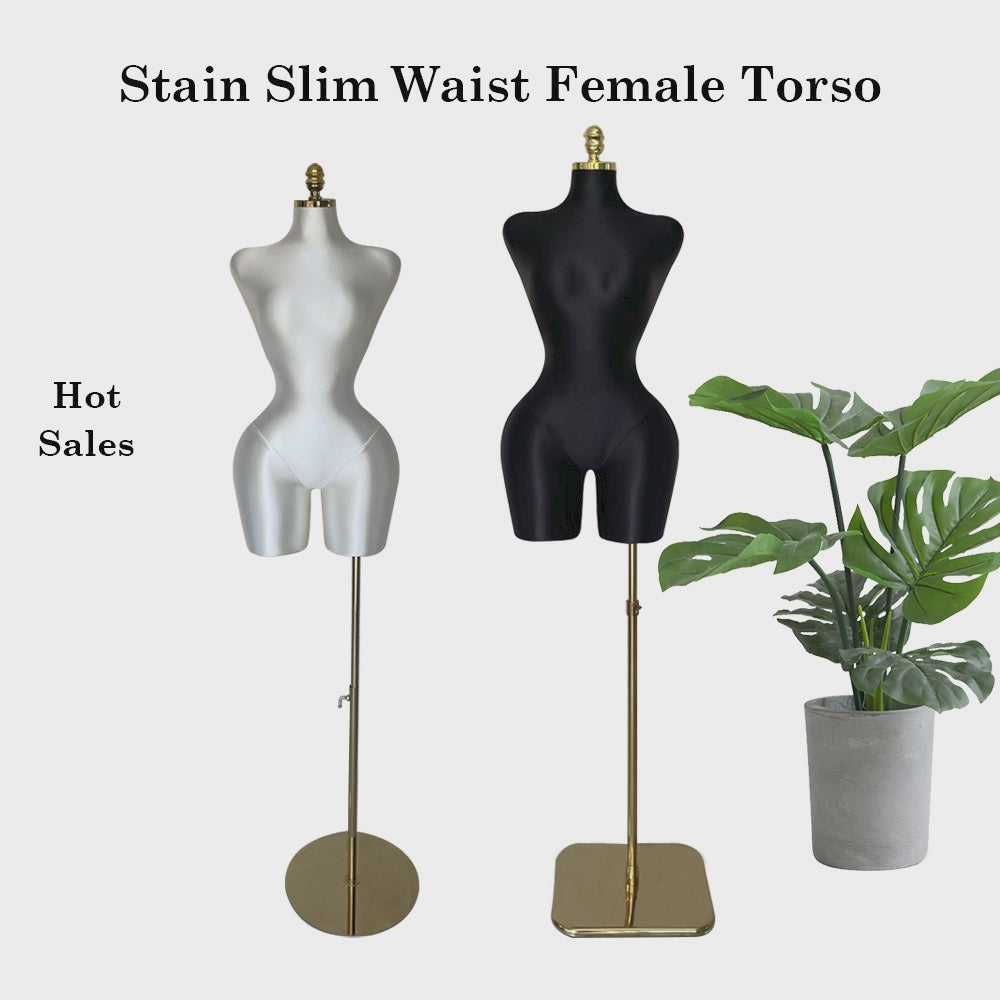 White and black DE-LIANG Satin Slim Waist Female Mannequins with gold stands, designed for stylish boutique and showroom use.