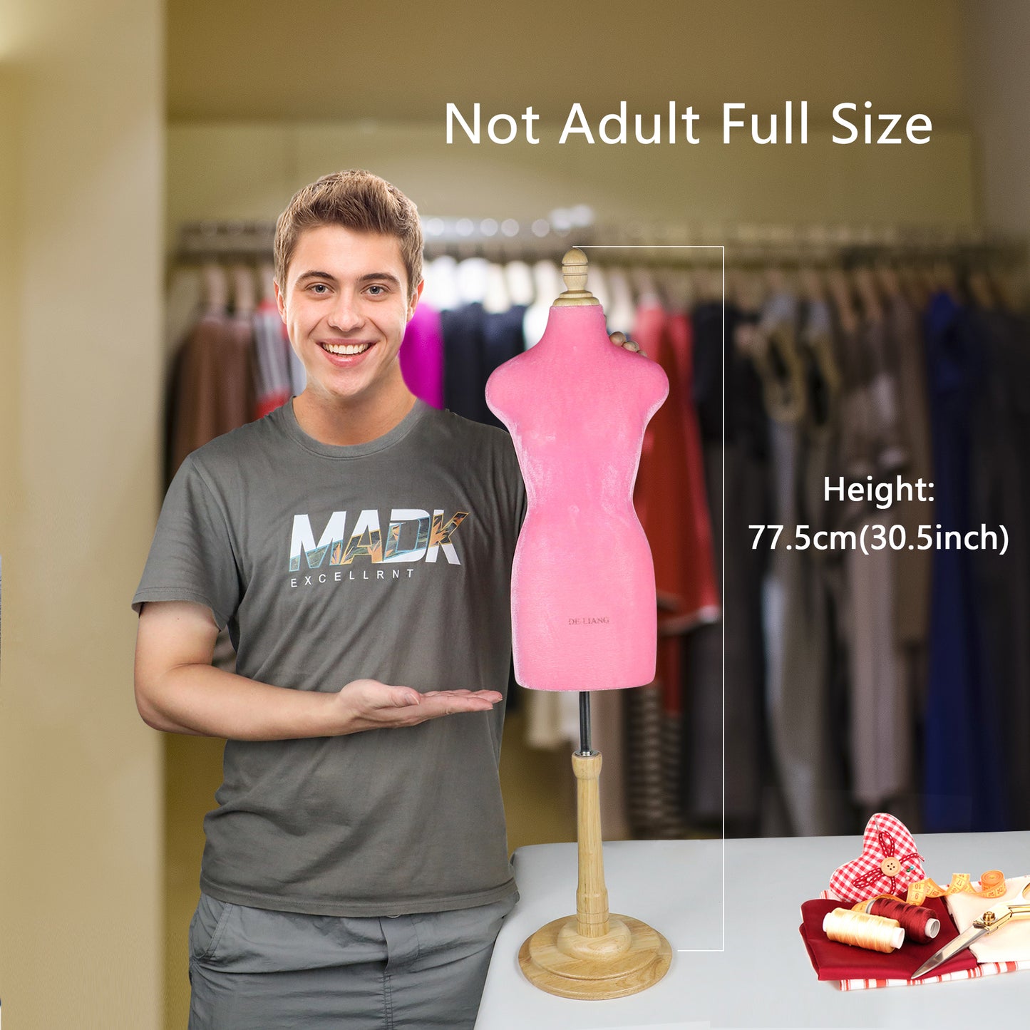 DE-LIANG Half scale mini dressform,DL803 fully pinnable tailor sewing pink velvet mannequin with wooden round base, not perfect but ok to draping sew DE-LIANG