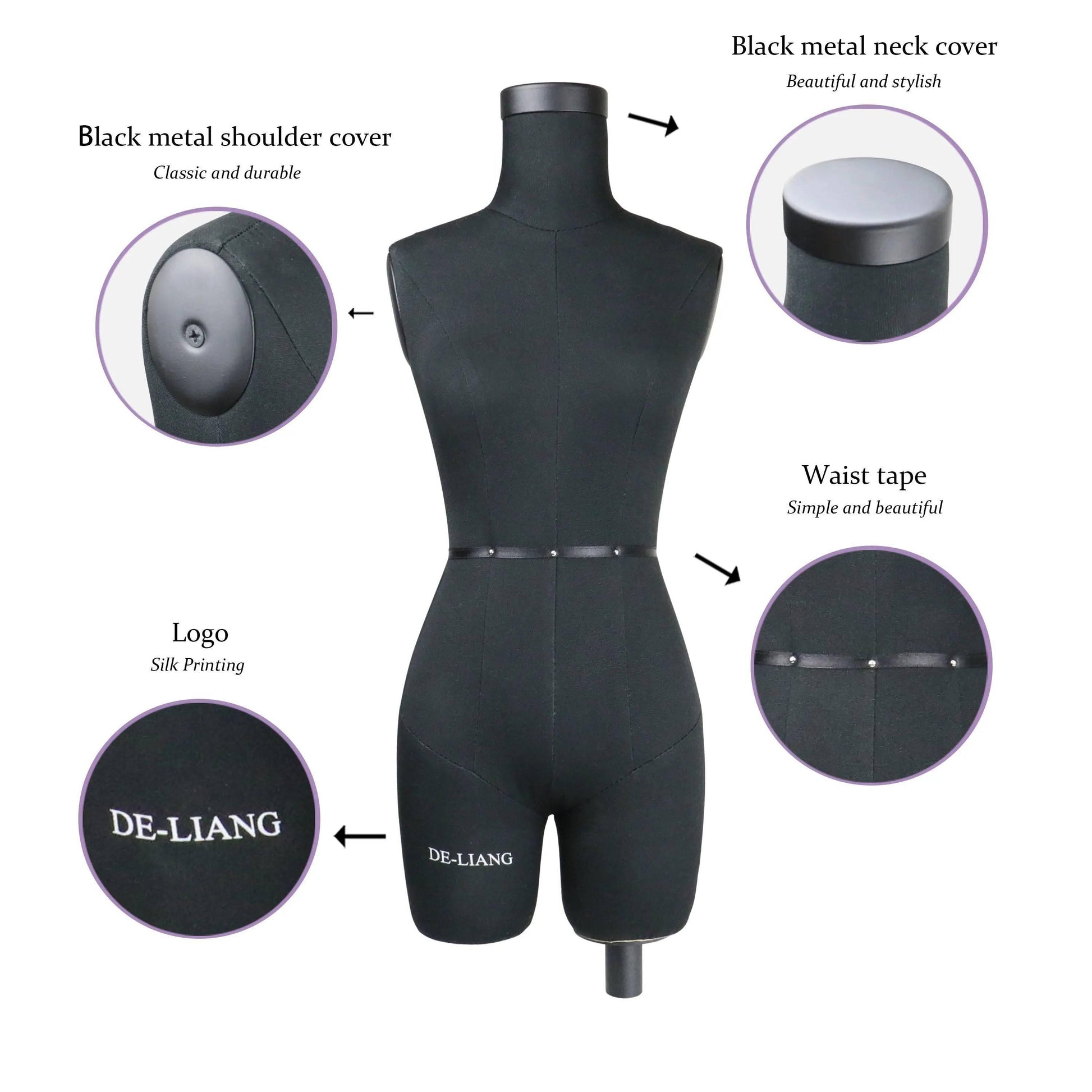 Black SIZE 6 Half Scale Dress Form for Sewing(Not Adult Size)1/2 Mini Fitting Mannequin 43cm Body Height, Female Torso Tailor Model DE-LIANG