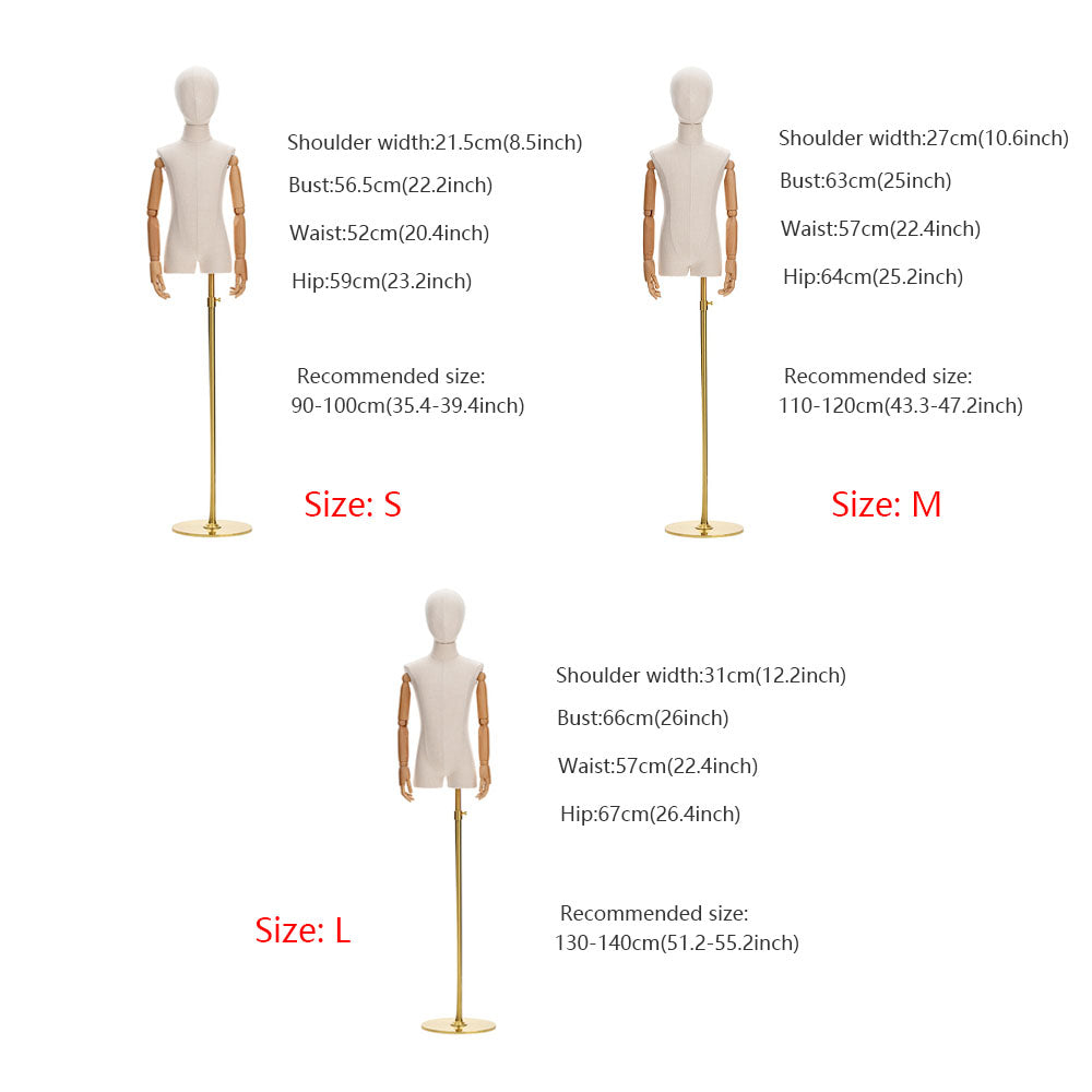 DE-LIANG Luxury Kids Mannequin with Wooden Arms, Canvas Fabric SML size Child Half Body Dress Form Model for Cloth Display, Bamboo Linen De-Liang Dress Forms