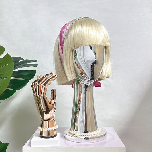 Popular Chrome Golden Head Mannequin with Long Neck Shiny Mirror Face for Hat Shop DE-LIANG