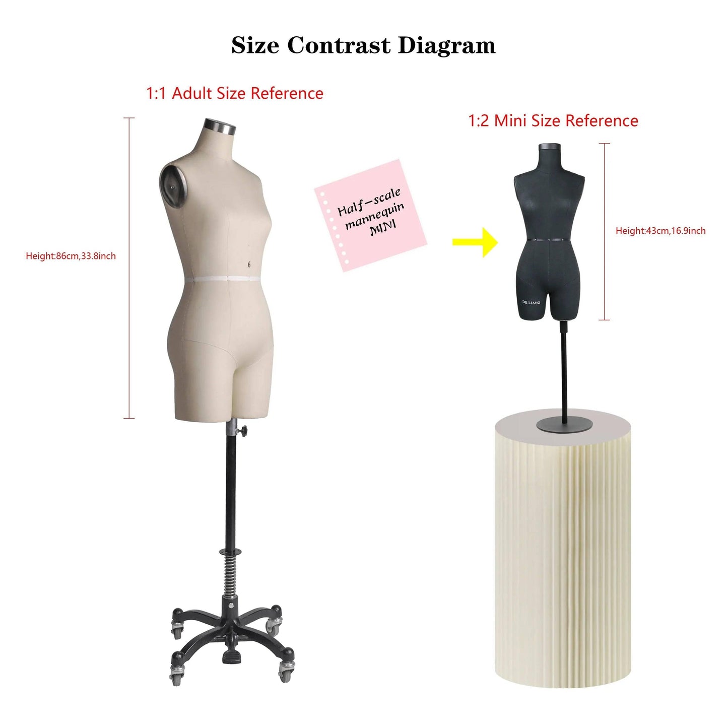 Black SIZE 6 Half Scale Dress Form for Sewing(Not Adult Size)1/2 Mini Fitting Mannequin 43cm Body Height, Female Torso Tailor Model DE-LIANG