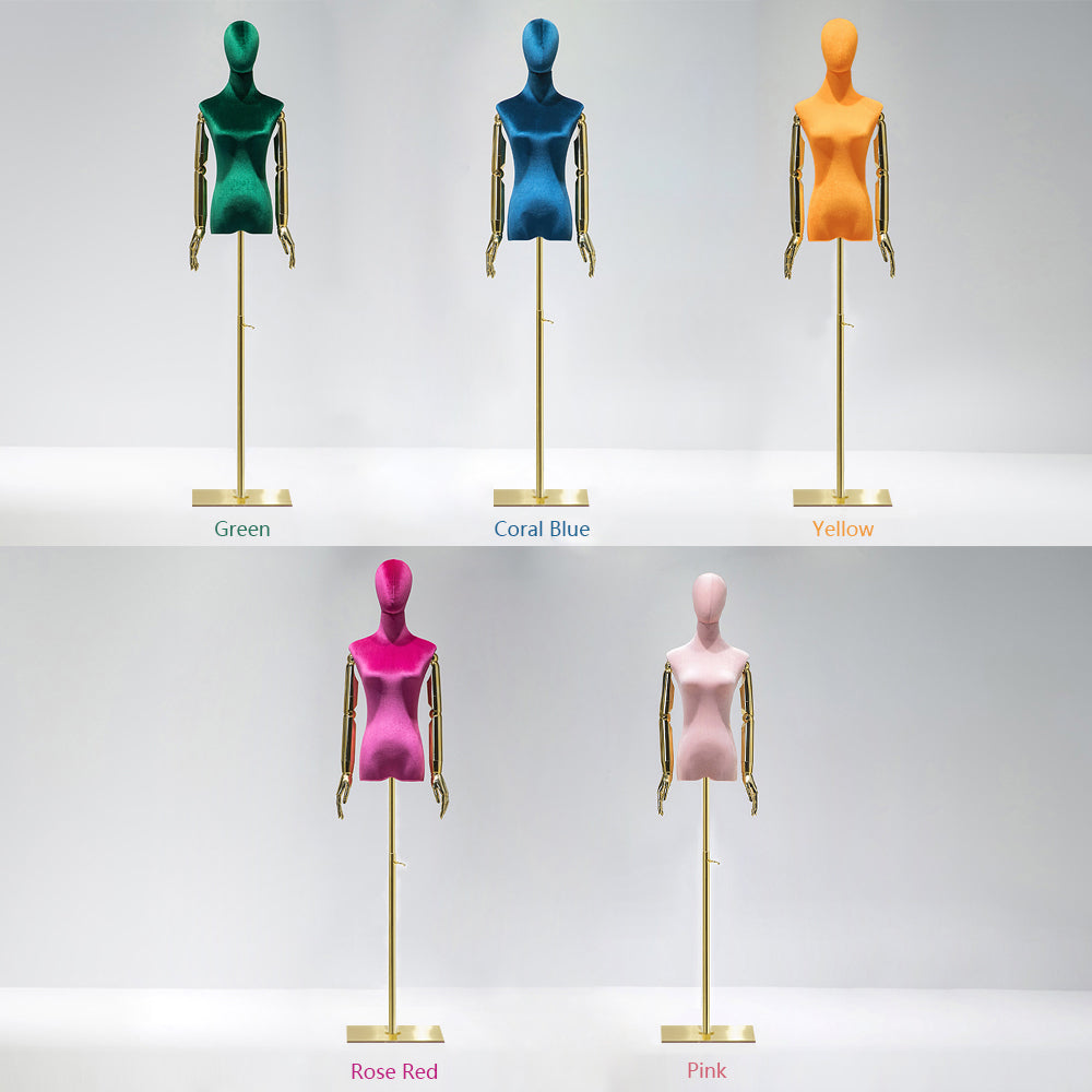 DE-LIANG Adjustable Height Velvet Female Mannequin,Half Body Model with Plated Golden Arms,Adult Women Torso Dress Form for Window Clothes Display DE-LIANG