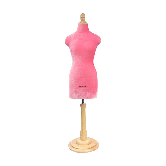 DE-LIANG  Half scale mini dressform,DL803 fully pinnable tailor sewing pink velvet mannequin with wooden round base, not perfect but ok to draping sew DE-LIANG