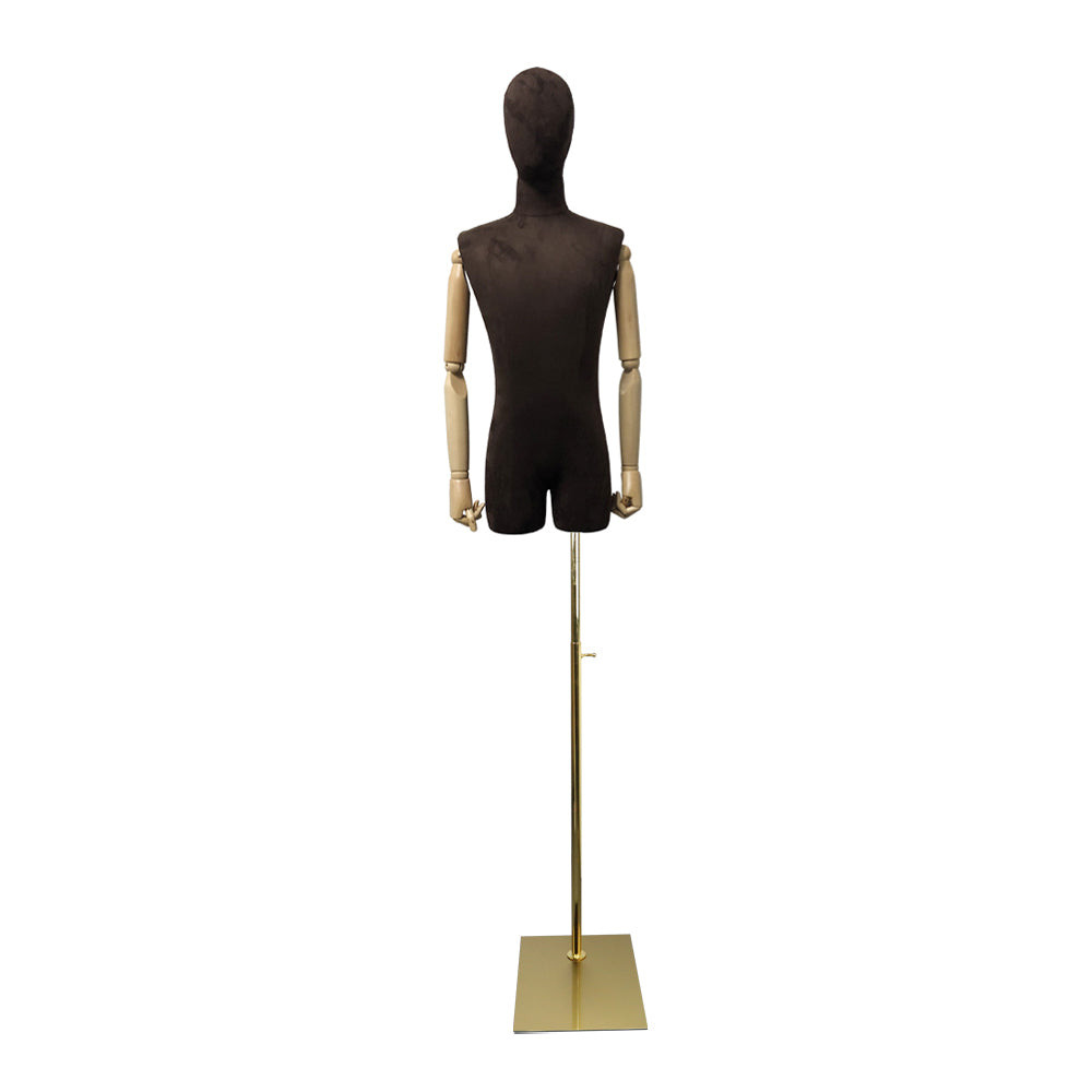 Adult Male Half Body Mannequin, Men Velvet Fabric Display Torso Dress Form with Wooden Arms Natural Wood Color, Switch Head, 5 color DE-LIANG