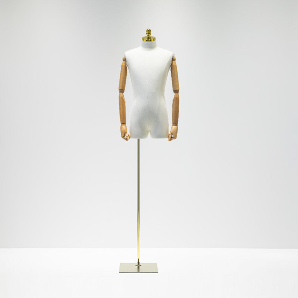 Male Half Body Mannequin,Adult Torso Form with Stand,Men Display Torso with Wooden Arms for Suit Display, Square metal Base, Fabric Torso. DE-LIANG