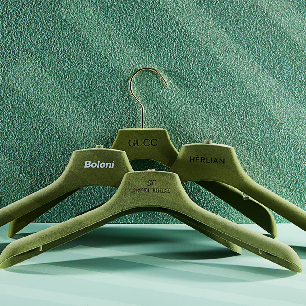 Green Velvet Plastic Hanger for Coat Pants Trouser, Men Woman Wedding dress bridal veil clothing hanger, velvet hanger customize De-Liang Dress Forms