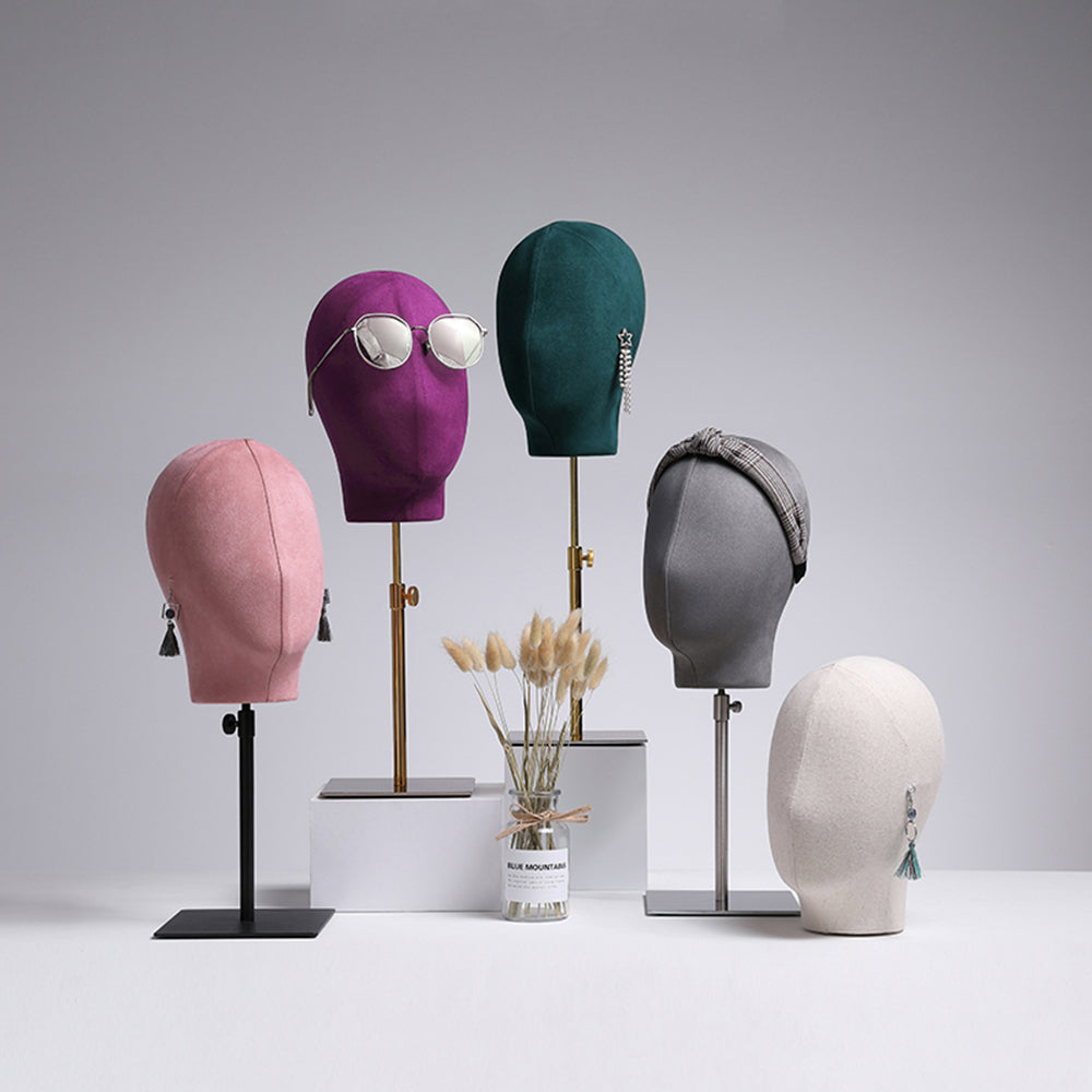 Adjustable Suede Mannequin Head, Linen Female and Male Mannequin Hat block ,Metal Hat Holder, High-grade Rack Accessories for Hair Boutique DE-LIANG