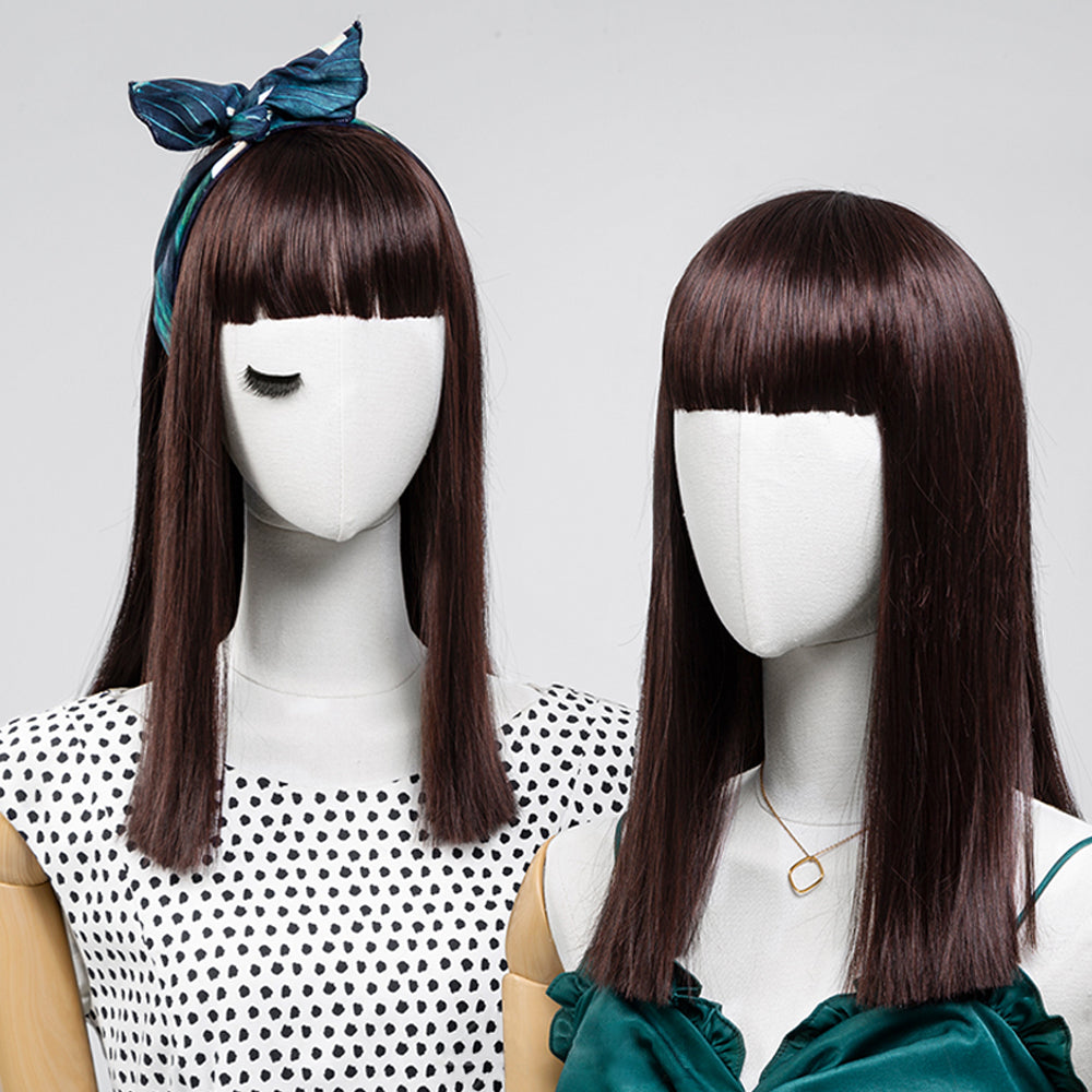 Human Hair Blend Wig,Black Straight Hair with Short Bangs,Female Luxury Wig Party Style ,as Gifts for Women De-Liang Dress Forms