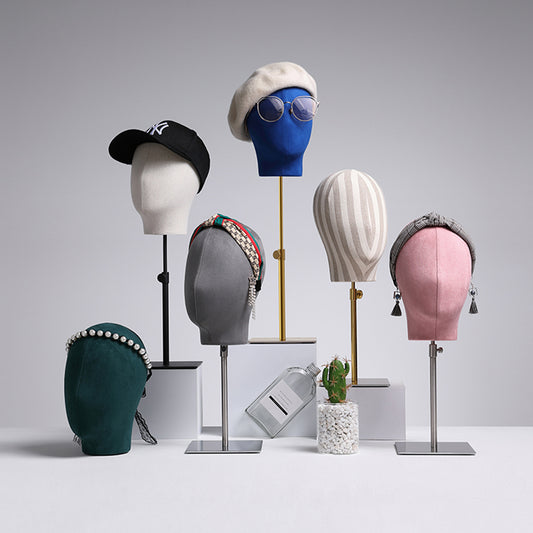 Adjustable Suede Mannequin Head, Linen Female and Male Mannequin Hat block ,Metal Hat Holder, High-grade Rack Accessories for Hair Boutique DE-LIANG