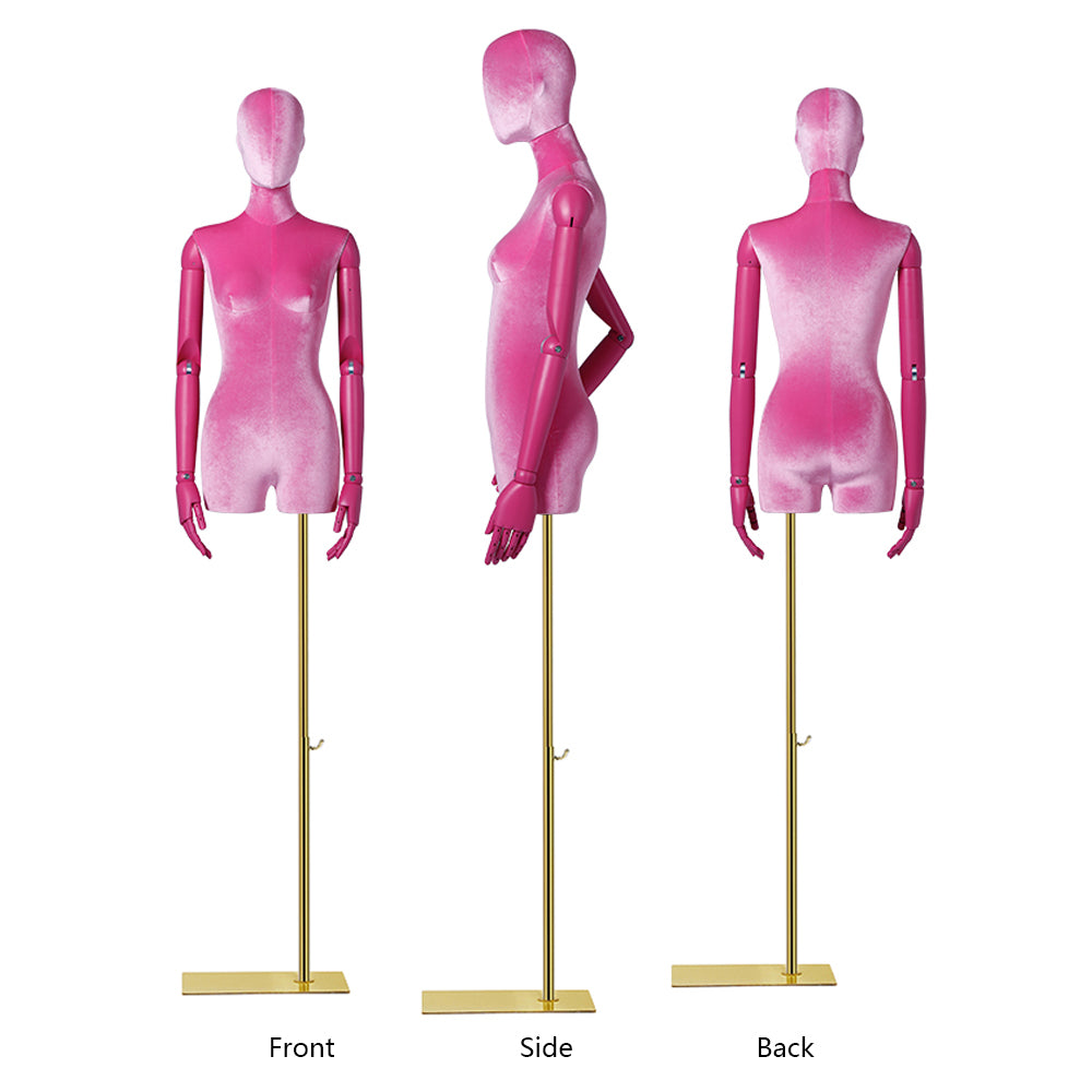 DE-LIANG Luxury Half Body Female Velvet Mannequin,Colorful Wig for Women Clothes Boutique Window Display, Manikin Torso with Wooden Arms,Dress Form Model DE-LIANG