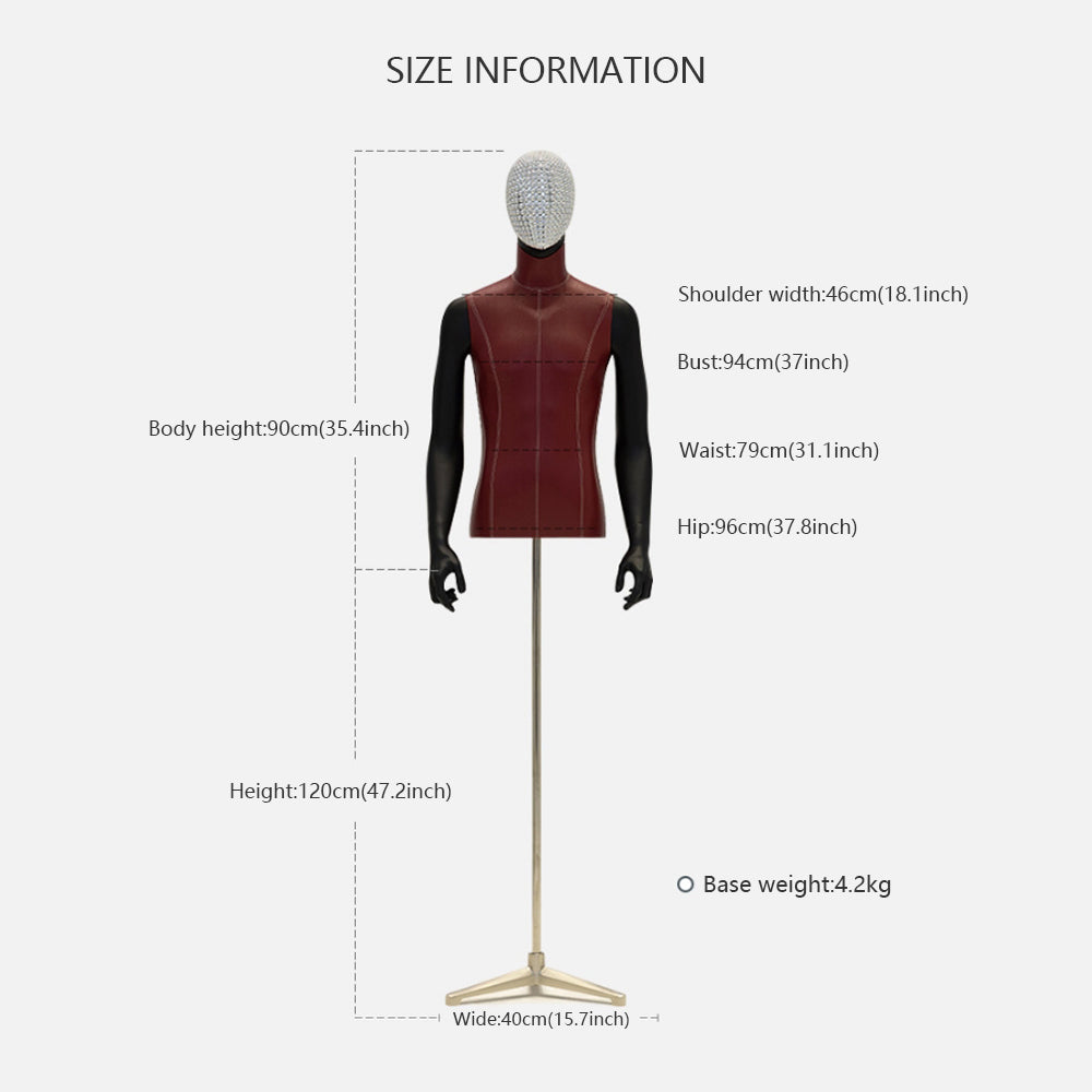 Adult Men PU Leather Torso Dress Form , Brown Fabric Mannequin with Black Triangular base,Adjustable Male Half Body Mannequin for Cloth Store ,Window Display DE-LIANG