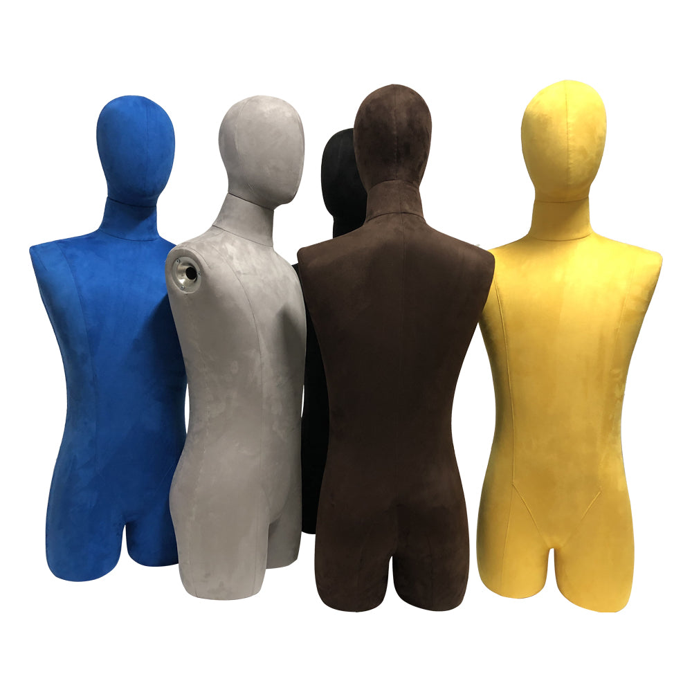 Adult Male Half Body Mannequin, Men Velvet Fabric Display Torso Dress Form with Wooden Arms Natural Wood Color, Switch Head, 5 color DE-LIANG