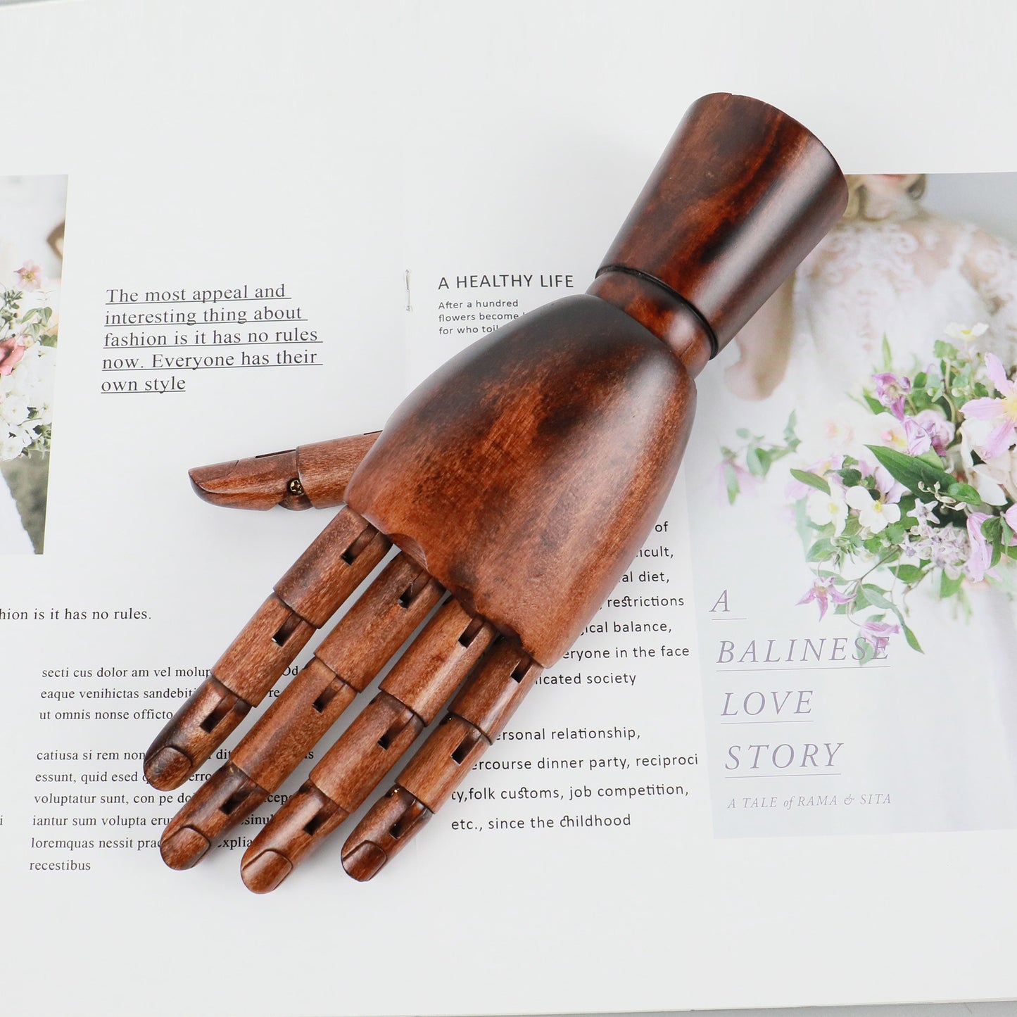 Vintage Dark Red Wood Hand Mannequin, Female Artist Palm Manikin with Movable Joints,Drawing Arm,25 CM Left Wooden Mannequin Hand for Nails DE-LIANG