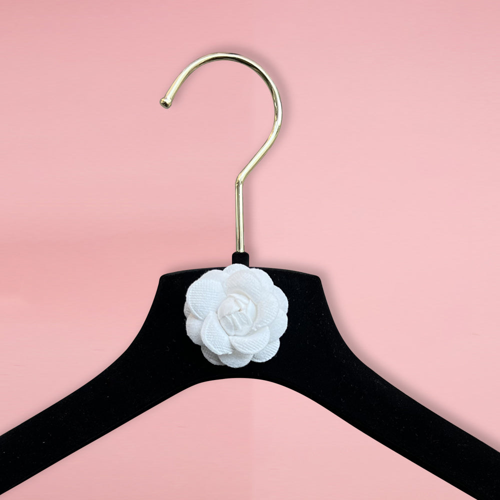 DE-LIANG Luxury Black Velvet Hanger, Clothing Hanger with Camellia, Clothing Display Rack, Bottom Clip Pant clothing hanger Non-slip,Bridal De-Liang Dress Forms