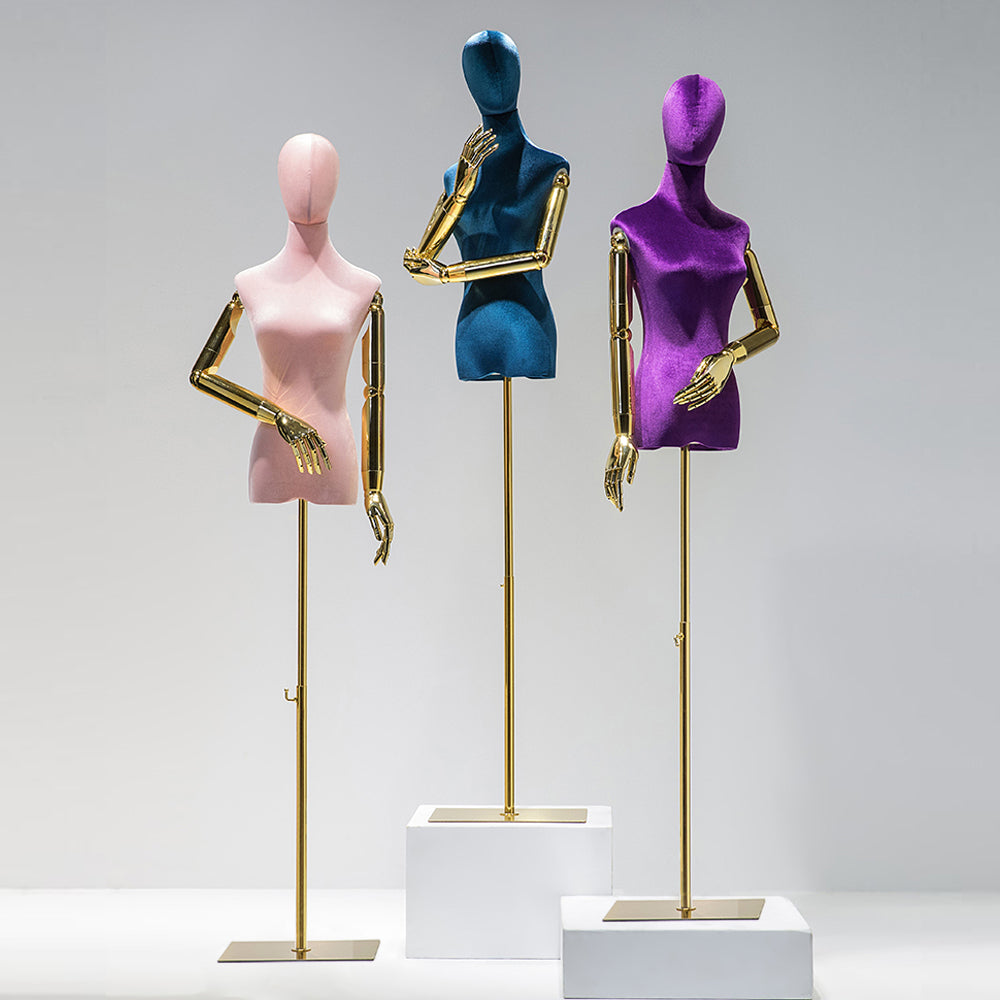 DE-LIANG Adjustable Height Velvet Female Mannequin,Half Body Model with Plated Golden Arms,Adult Women Torso Dress Form for Window Clothes Display DE-LIANG