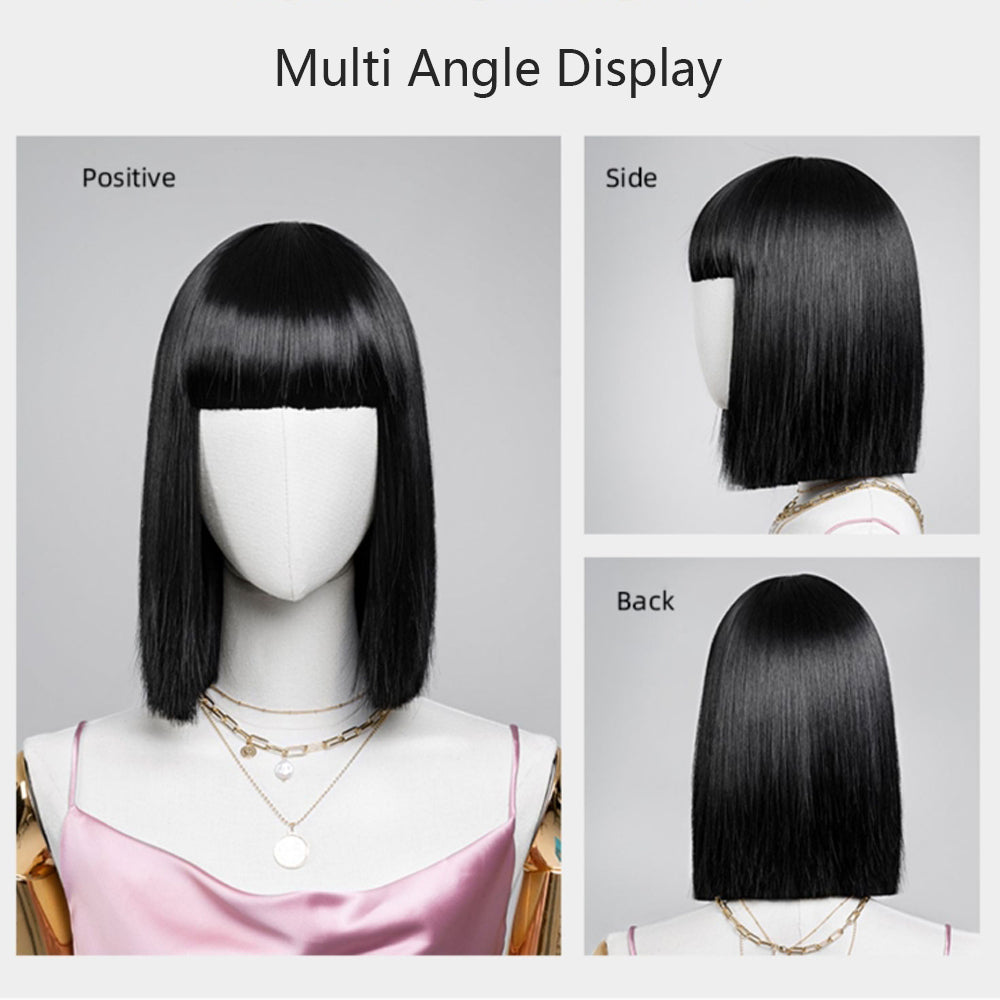Human Hair Blend Wig,Black Straight Hair with Short Bangs,Female Luxury Wig Party Style ,as Gifts for Women De-Liang Dress Forms