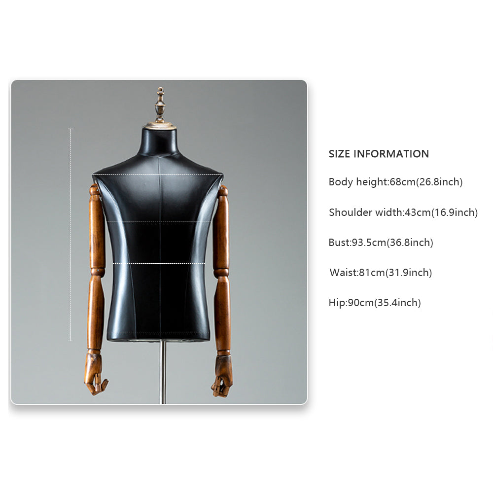 High-end Male Mannequin Torso,Leather Fabric Men Bust Model Prop,Dummy Maniquin Body for Pants/Suit Display,Adult Dress Form with Wood Base DE-LIANG