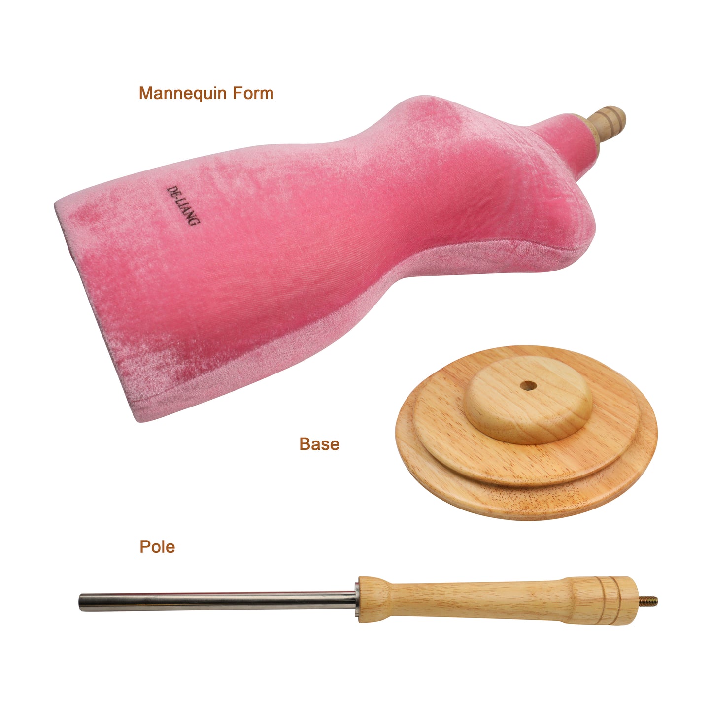 DE-LIANG Half scale mini dressform,DL803 fully pinnable tailor sewing pink velvet mannequin with wooden round base, not perfect but ok to draping sew DE-LIANG