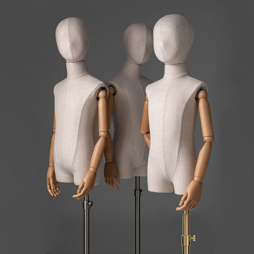 DE-LIANG Luxury Kids Mannequin with Wooden Arms, Canvas Fabric SML size Child Half Body Dress Form Model for Cloth Display, Bamboo Linen De-Liang Dress Forms