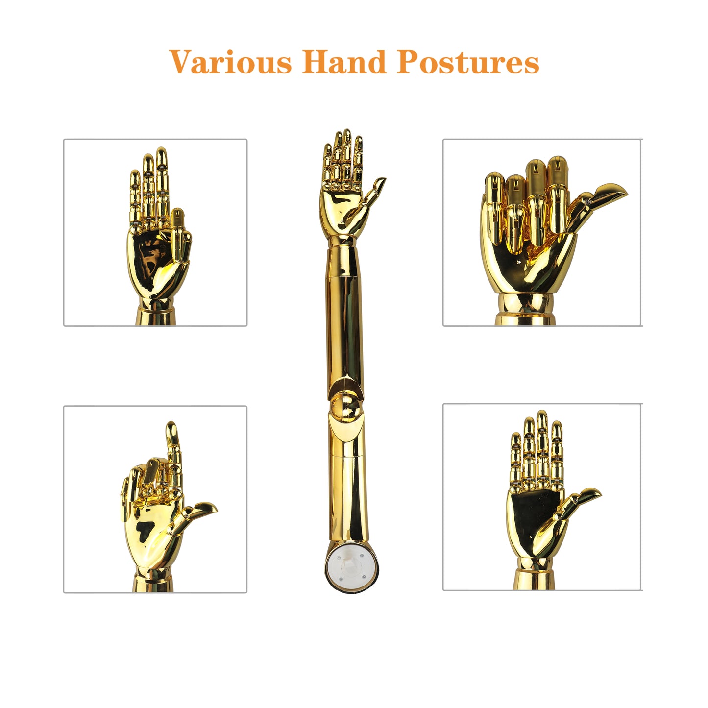 DE-LIANG Gold Chrome Hand Mannequin from Mannequin Body Plug In Arm Mannequin Moveable Fingers Joints DE-LIANG
