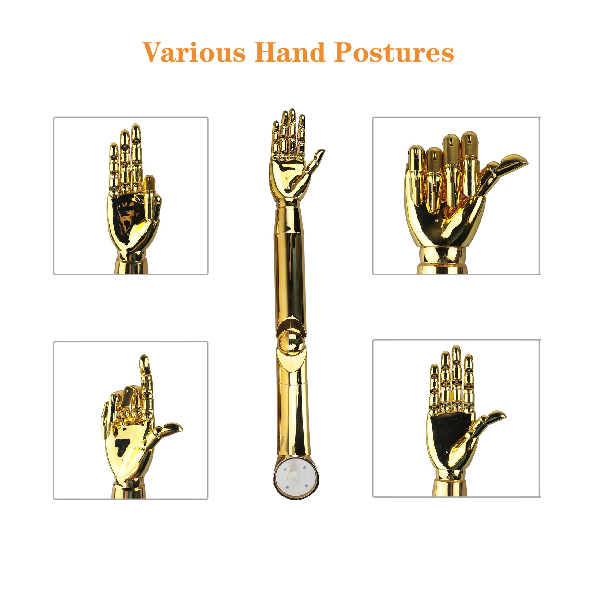 DE-LIANG Gold Chrome Hand Mannequin from Mannequin Body Plug In Arm Mannequin Moveable Fingers Joints DE-LIANG