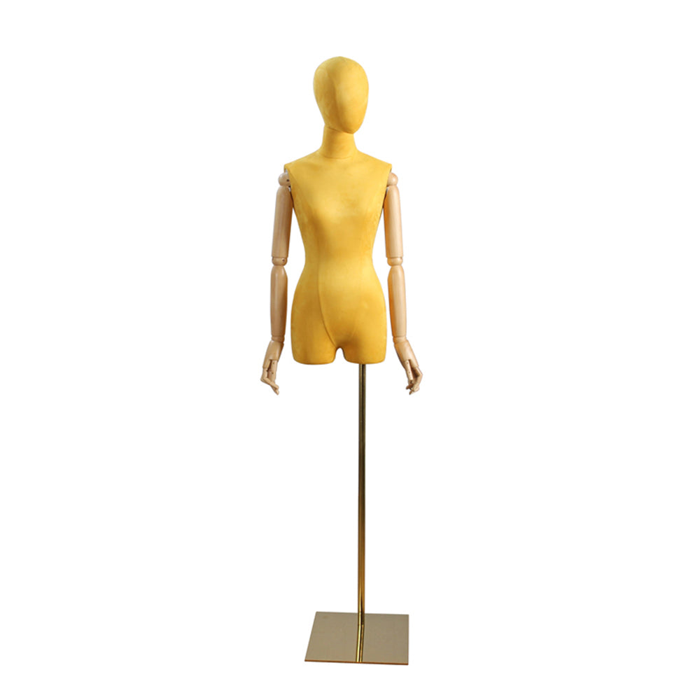 DE-LIANG Popular Female Half Body Velvet Fabric Display Mannequin, Woman Torso Dress Form with Wooden Arms ,High Quality Mannequin Torso DE-LIANG