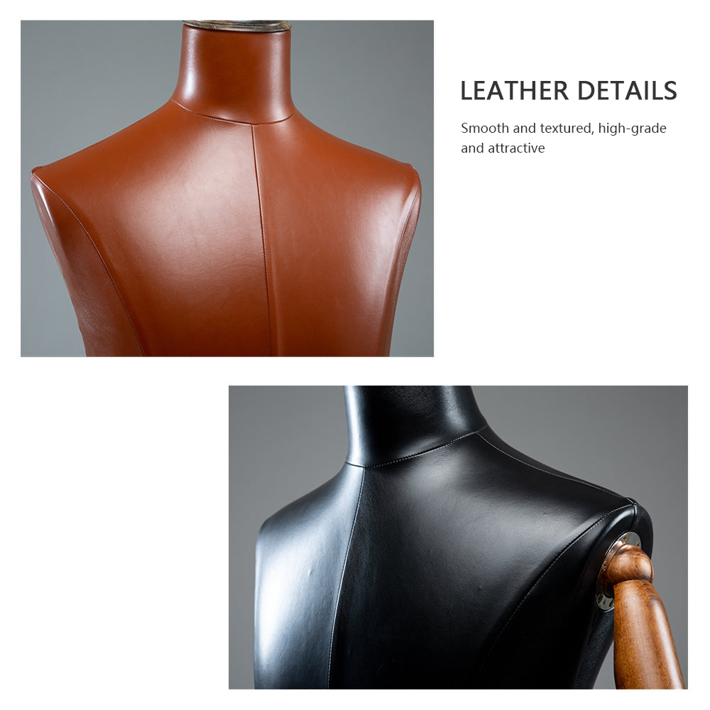 High-end Male Mannequin Torso,Leather Fabric Men Bust Model Prop,Dummy Maniquin Body for Pants/Suit Display,Adult Dress Form with Wood Base DE-LIANG