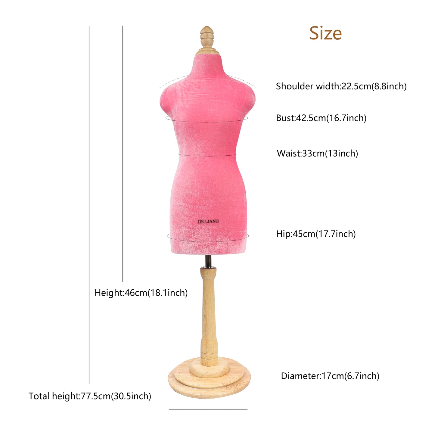 DE-LIANG Half scale mini dressform,DL803 fully pinnable tailor sewing pink velvet mannequin with wooden round base, not perfect but ok to draping sew DE-LIANG