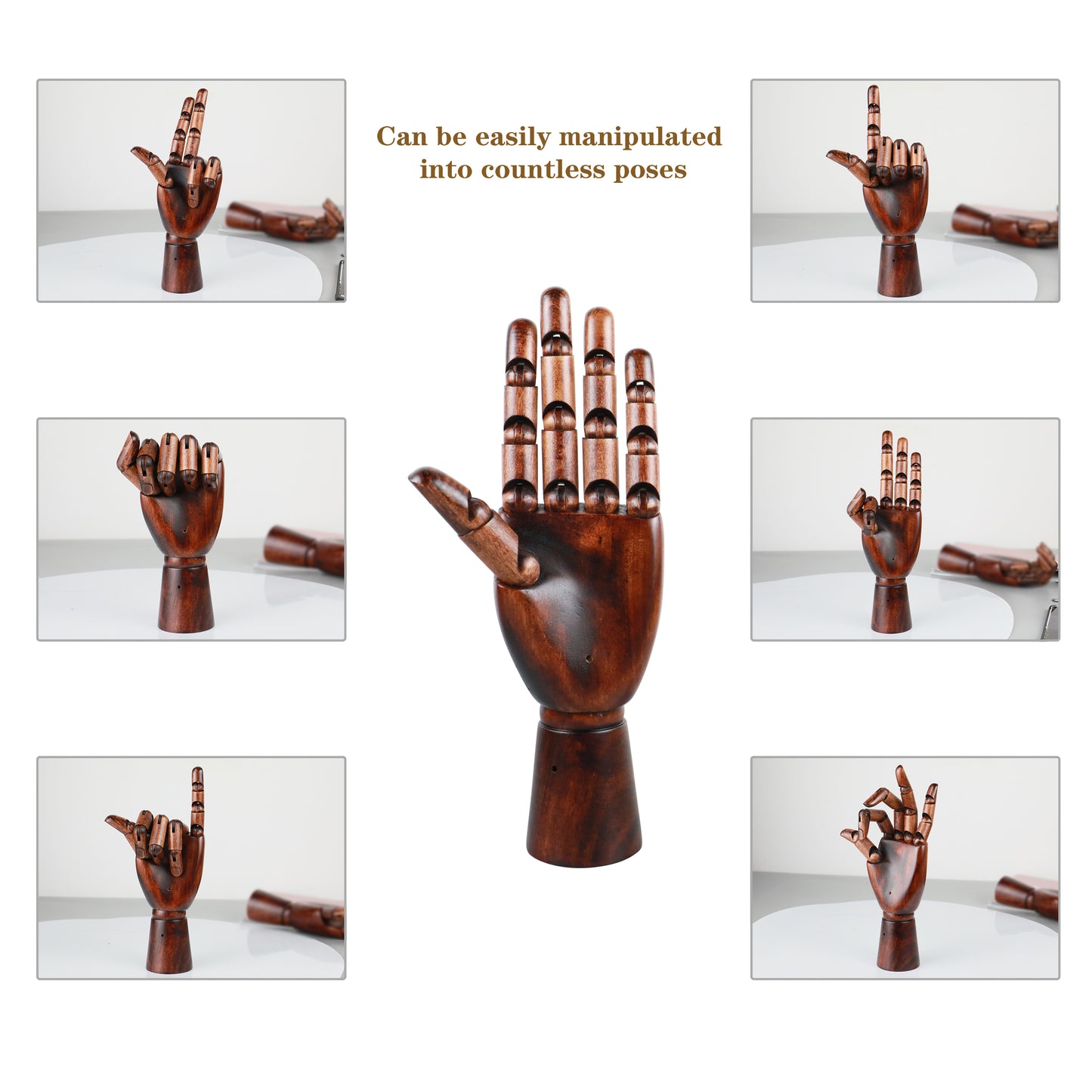 Vintage Dark Red Wood Hand Mannequin, Female Artist Palm Manikin with Movable Joints,Drawing Arm,25 CM Left Wooden Mannequin Hand for Nails DE-LIANG