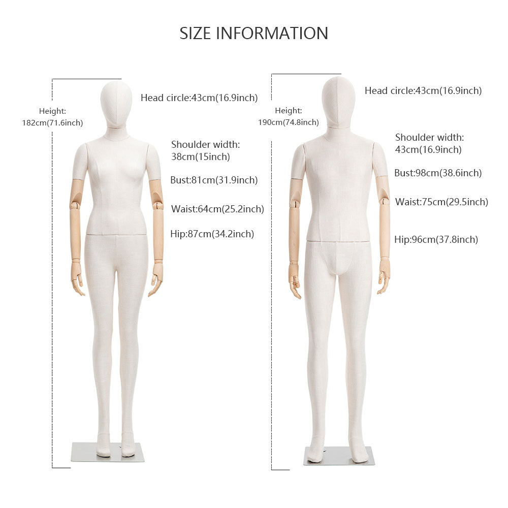 DE-LIANG Female Male Full Body Dress Form Mannequin, Display Model with Fade Wood Head, Adult Cloth Dummy with Wooden Arms, Upper Manikin for Wig DeLiangDressForms