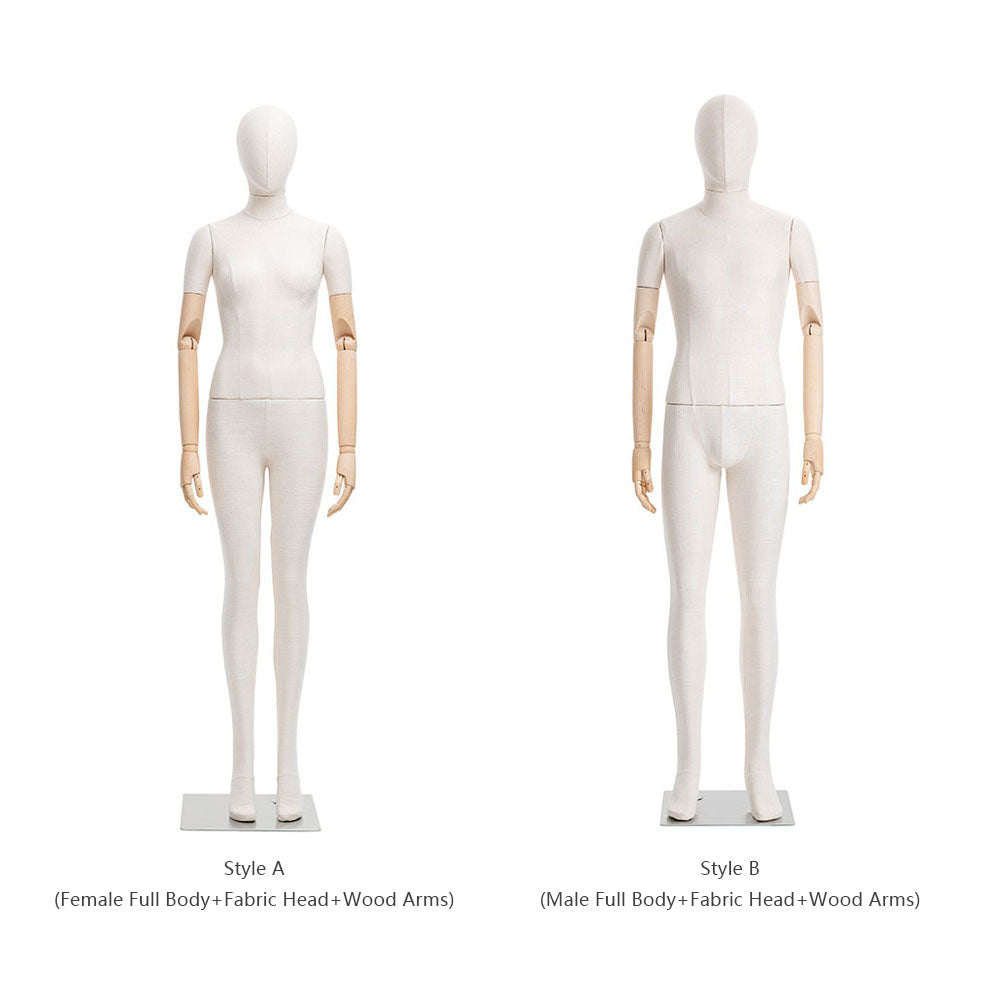 DE-LIANG Female Male Full Body Dress Form Mannequin, Display Model with Fade Wood Head, Adult Cloth Dummy with Wooden Arms, Upper Manikin for Wig DeLiangDressForms