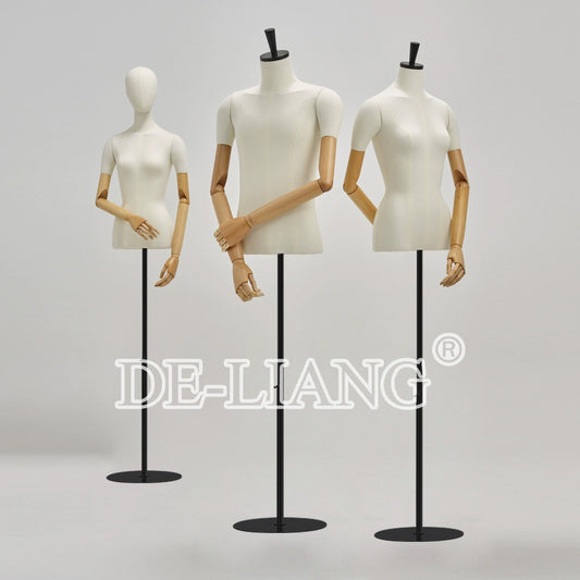 DE-LIANG NEWS:Headless Female White Beige Mannequin, Black Wood Neck Cover and Fabric Head Two Function with Black Round Base Model