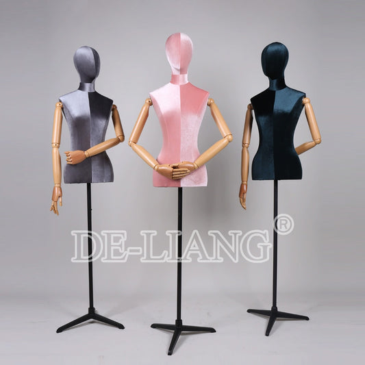 DE-LIANG Half Body Velvet Display Mannequin Torso Female, Velvet Fabric Display Dress form Model for Boutique Display,Manikin Torso with Flexible Arm