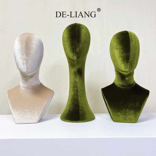 DE-LIANG Luxurious Olive-Green Velvet Head Model, Can Pinnable Cloth Head Mannequin, Head Hat Stand/Display, Lace Head Wig Stand