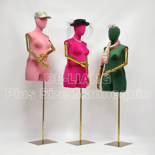 DE-LIANG Luxury Female Plus Size Mannequin With Gold Arms,Pink Suede Dress Form Mannequin Torso Display,Plus Size Mannequin Torso Display Model