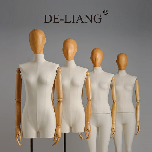 Female Half Body Mannequin,Linen Display Mannequin with Fiberglass Head With Wooden Effection for Fashion Cloth Dressmaker Dummy